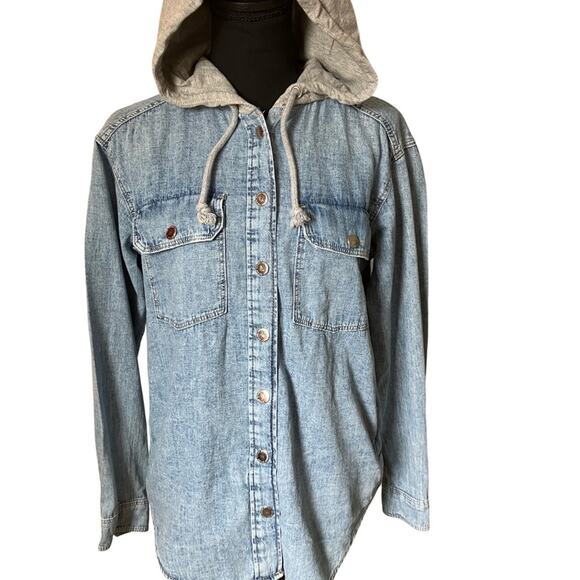 H&M Light Blue Denim Utility Jacket with Grey Hood XXS - Picture 2 of 9